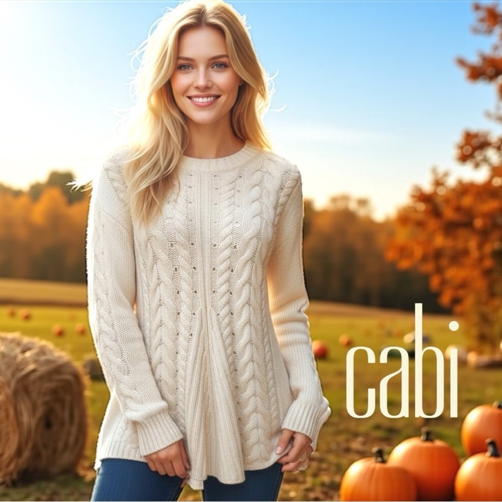 CABi Lace-Up Cable Knit Ivory Cream Sweater Sz XS